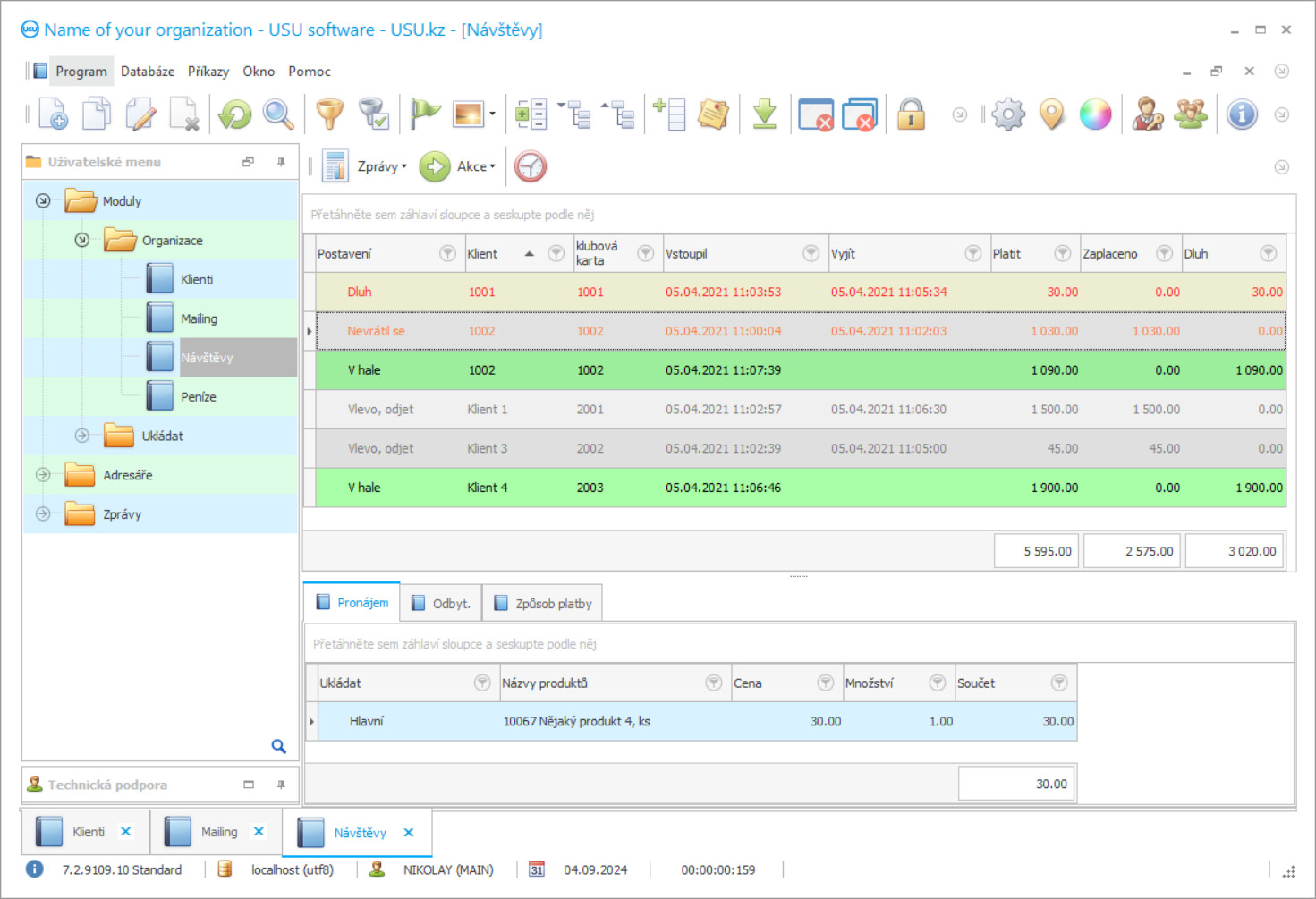 Tabulka pro anti-kavárnu - Snímek obrazovky programu