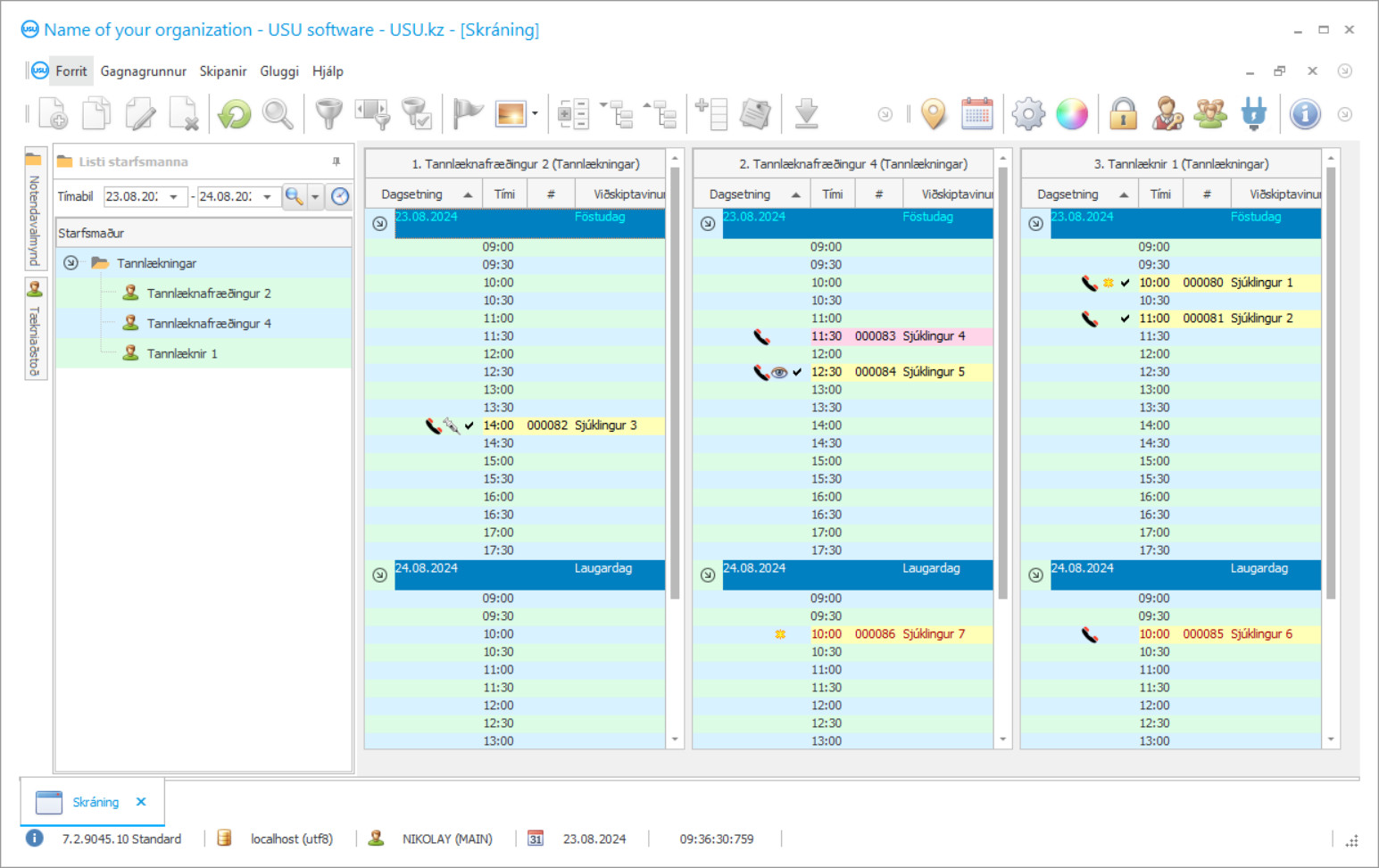 Dagskrá fyrir tannlæknastofu - Skjáskot af forritinu