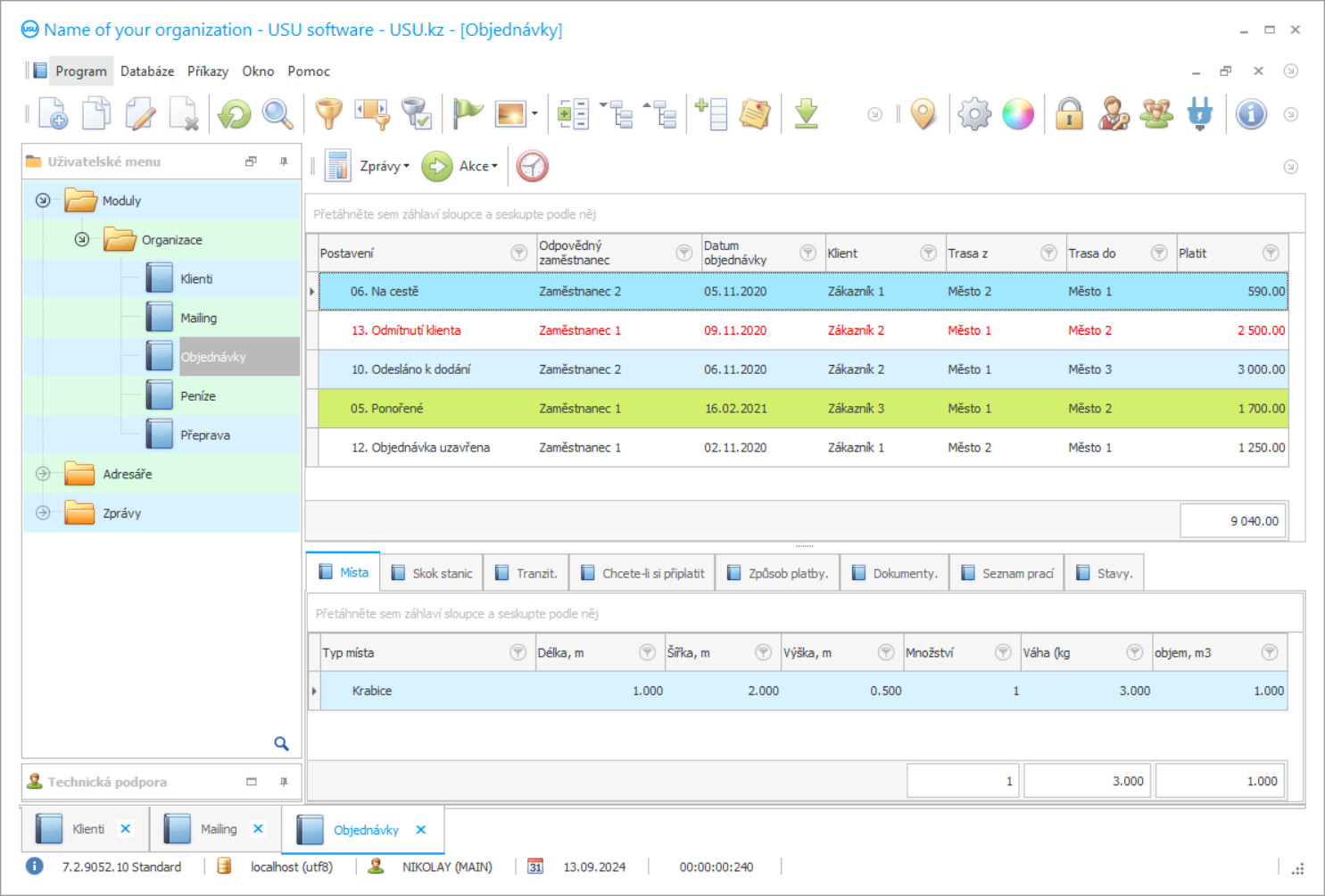 Účetnictví doručovacích služeb - Snímek obrazovky programu