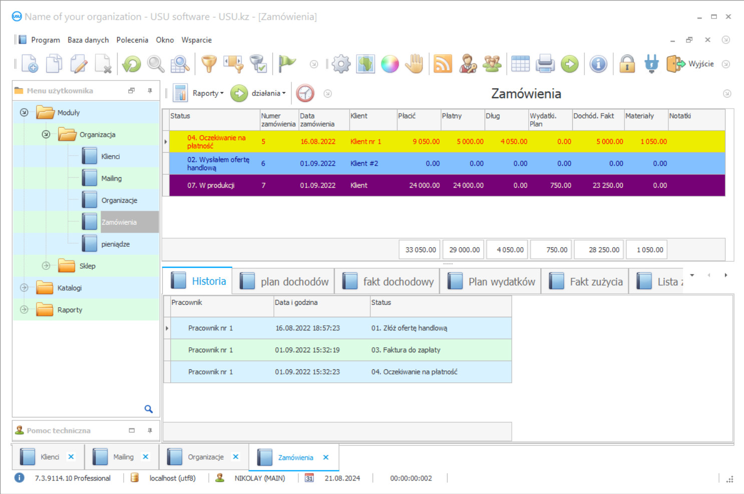 Zarządzanie zamówieniami klientów - Zrzut ekranu programu