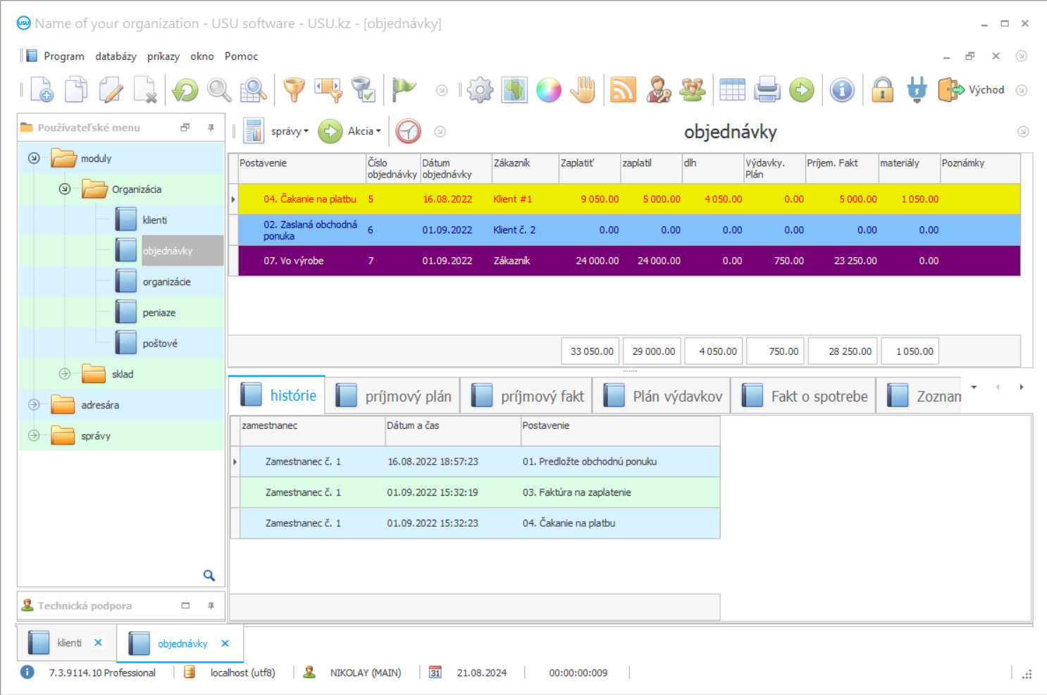 Správa objednávok zákazníkov - Snímka obrazovky programu