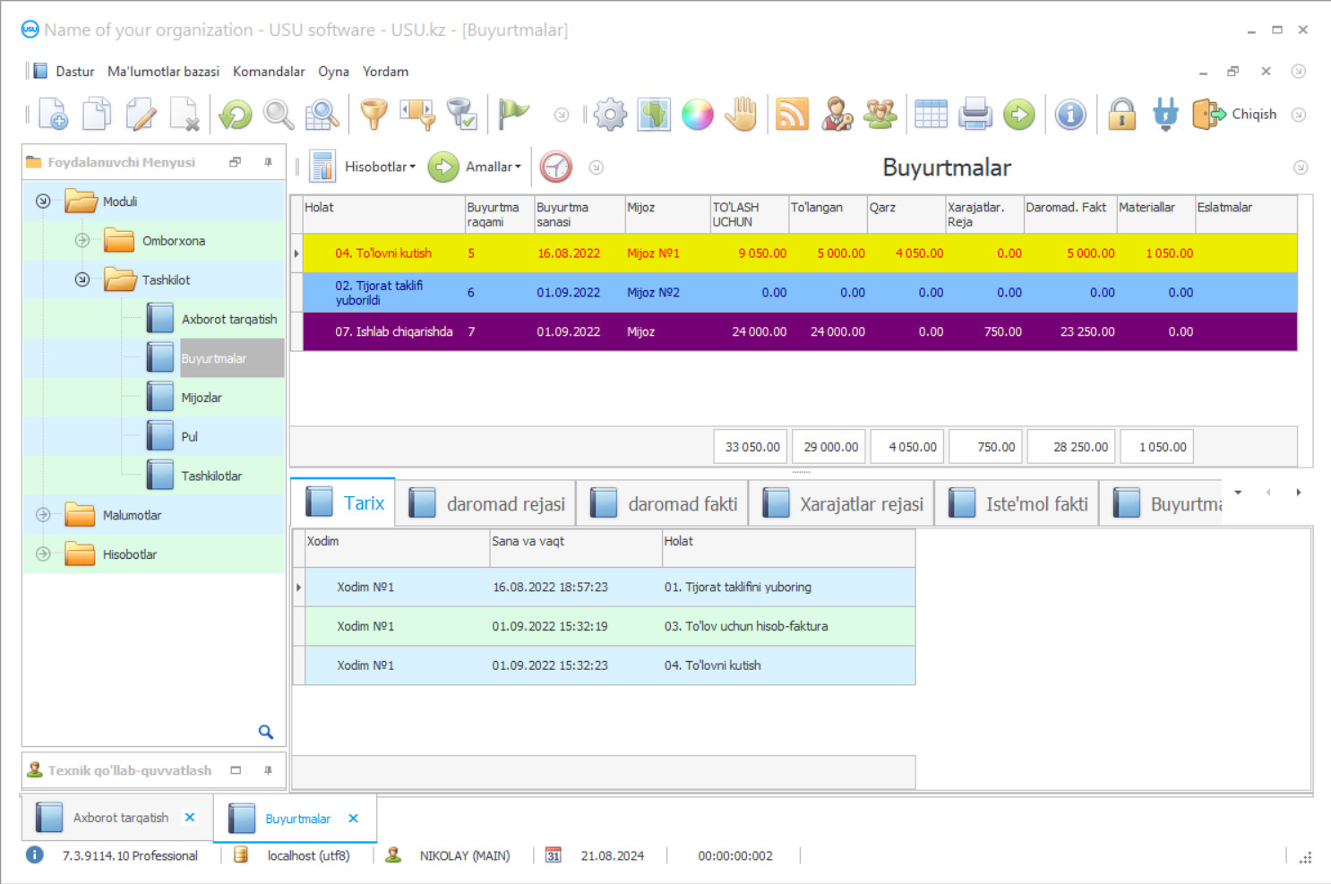 Mijozlar buyurtmalarini boshqarish - Dastur skrinshoti