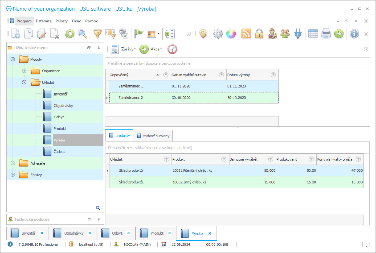 Program pro produkční účetnictví - Snímek obrazovky programu