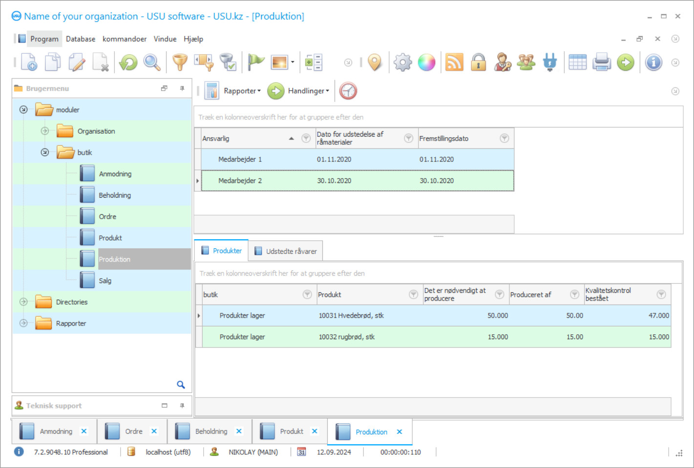 Program til produktionsregnskab - Program skærmbillede