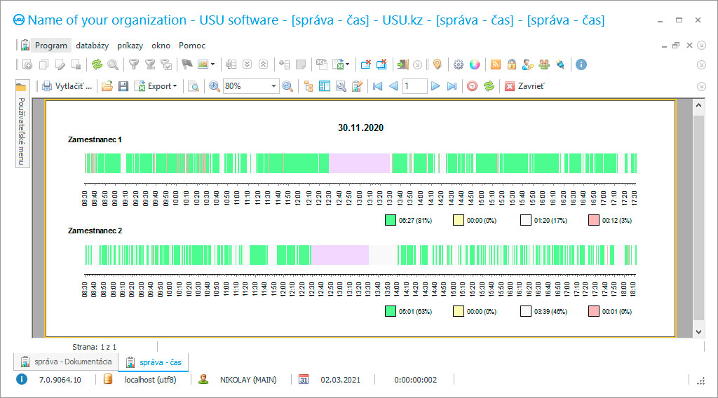 Účtovníctvo pracovného času - Snímka obrazovky programu