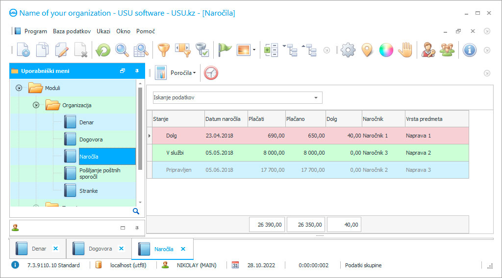 Preglednice za popravilo - Posnetek zaslona programa