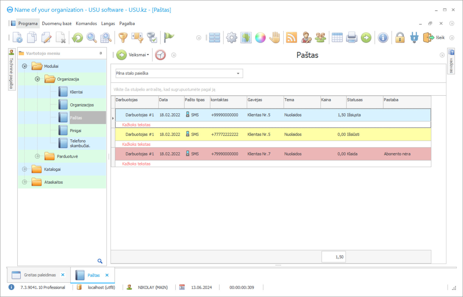 Programa siuntimui paštu - Programos ekrano kopija