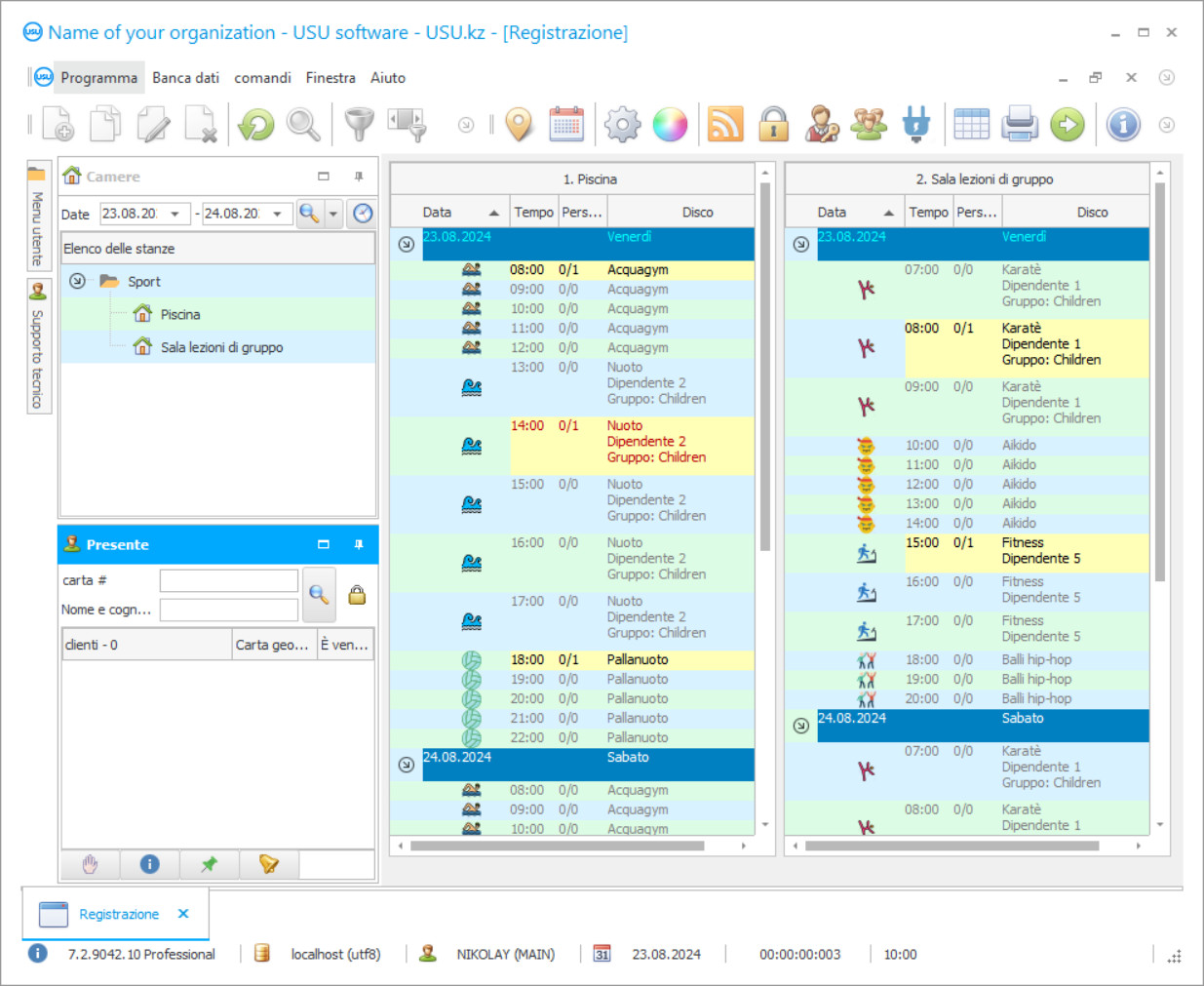 Programma per un fitness club - Schermata del programma